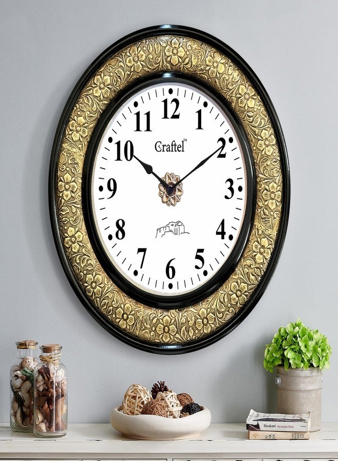 CRAFTEL Heavy Embossed Black Polished Dial Wall Clock for Home Living Room, Bedroom | Handcrafted Large Round Shape Antique Style Diwar Ghadi, Clock with English Numbers (Gold, Black, 18 x 18 inch) - Image 1